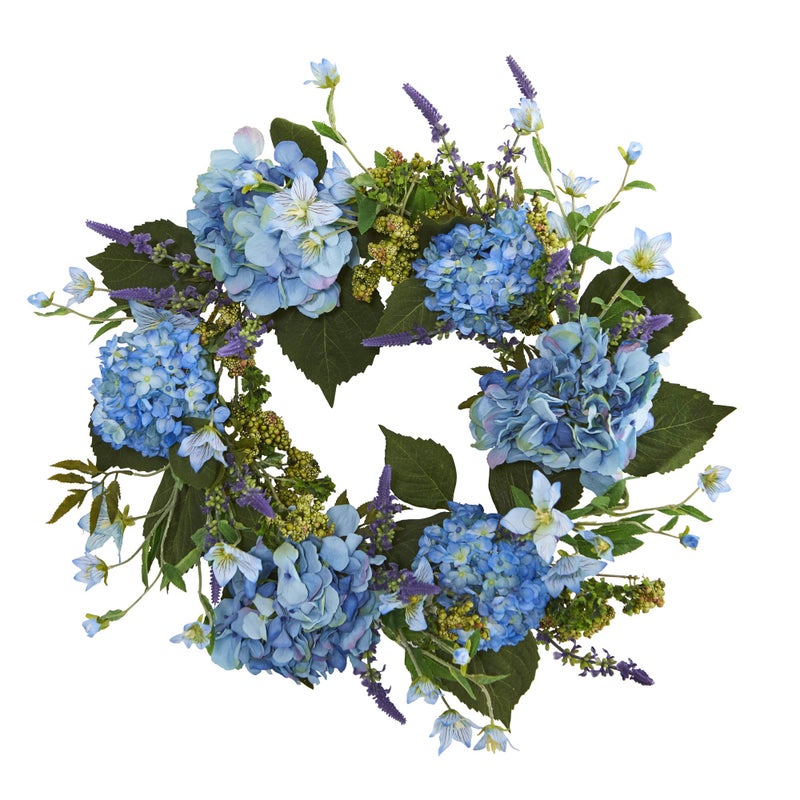 Nearly Natural, 24" Hydrangea Wreath (4224),Blue - Image 1